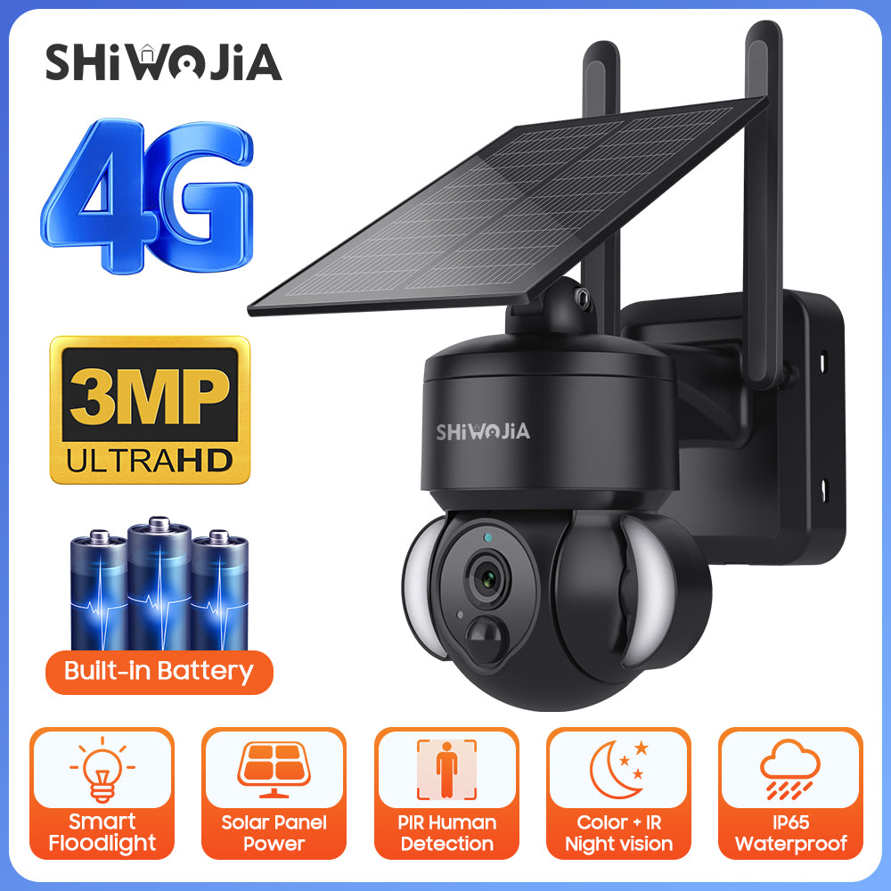 SHIWOJIA Outdoor Camera 4G SIM /WIFI Solar Powered 7800mAh Battery with 5W Solar Panels 3MP Color Night Vision Wireless Garden CCTV.Built-in Battery