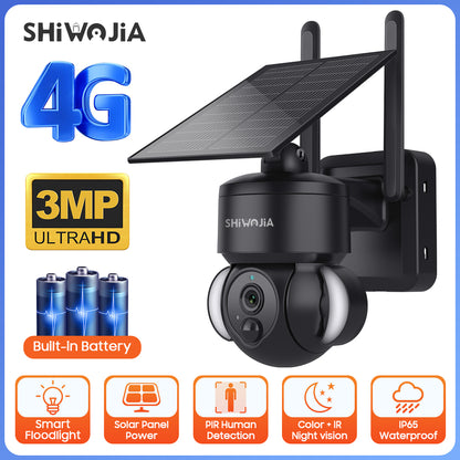 SHIWOJIA Outdoor Camera 4G SIM /WIFI Solar Powered 7800mAh Battery with 5W Solar Panels 3MP Color Night Vision Wireless Garden CCTV.Built-in Battery