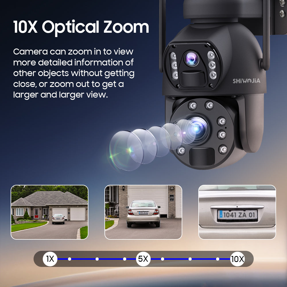 SHIWOJIA 10X Optical Zoom 4G SIM / WIFI Cellular Security Camera Dual-Lens,Dual View 6MP Solar Camera Wireless Outdoor,Siren Alarm,Color Night Vision,Dual Screen. Built-in Battery 