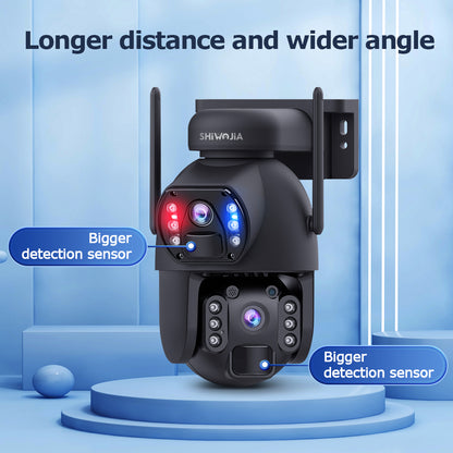 SHIWOJIA 4G SIM / WIFI Cellular Security Camera Dual-Lens,6MP Solar Camera Wireless Outdoor,Siren Alarm,Color Night Vision,Dual Screen,Built-in 12000mAh Battery 