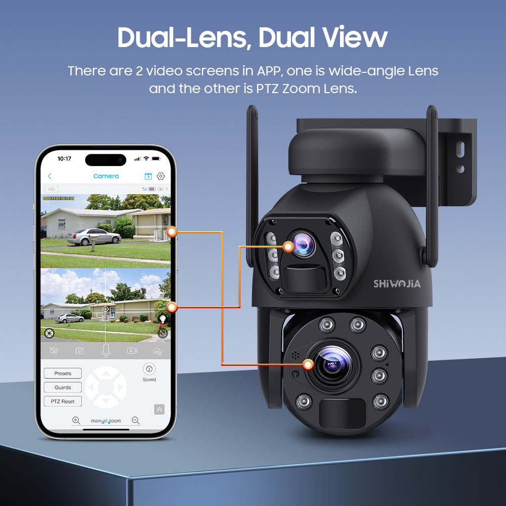 SHIWOJIA 10X Optical Zoom 4G SIM / WIFI Cellular Security Camera Dual-Lens,Dual View 6MP Solar Camera Wireless Outdoor,Siren Alarm,Color Night Vision,Dual Screen. Built-in Battery 