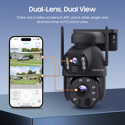 SHIWOJIA 10X Optical Zoom 4G SIM / WIFI Cellular Security Camera Dual-Lens,Dual View 6MP Solar Camera Wireless Outdoor,Siren Alarm,Color Night Vision,Dual Screen. Built-in Battery 