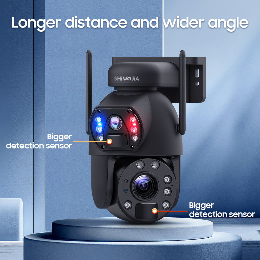 SHIWOJIA 20W Solar Battery 20X Zoom Red Blue Alarm FloodLight PTZ Camera 4G SIM / WIFI Cellular Security Camera Dual-Lens,6MP Solar Camera Wireless Outdoor,Color Night Vision,Dual Screen,Built-in Battery 