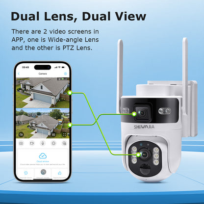 SHIWOJIA Dual Len 4G Solar Camera AOV 24/7 Full Time Recording Ptz Camera Outdoor IP65 6MP HD Motion Detection CCTV Camera