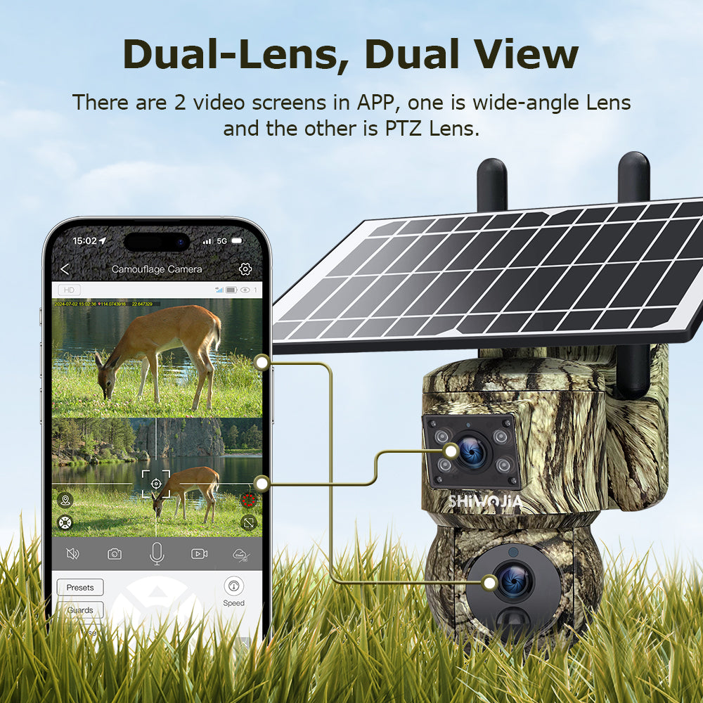SHIWOJIA 6MP 4G With GPS Location Camouflage Color Dual Lens Solar Battery PTZ Camera Support PIR Detection Wake Built In 12000mAh Battery 