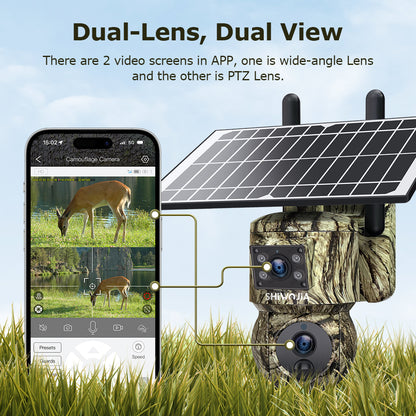 SHIWOJIA 6MP 4G With GPS Location Camouflage Color Dual Lens Solar Battery PTZ Camera Support PIR Detection Wake Built In 12000mAh Battery 