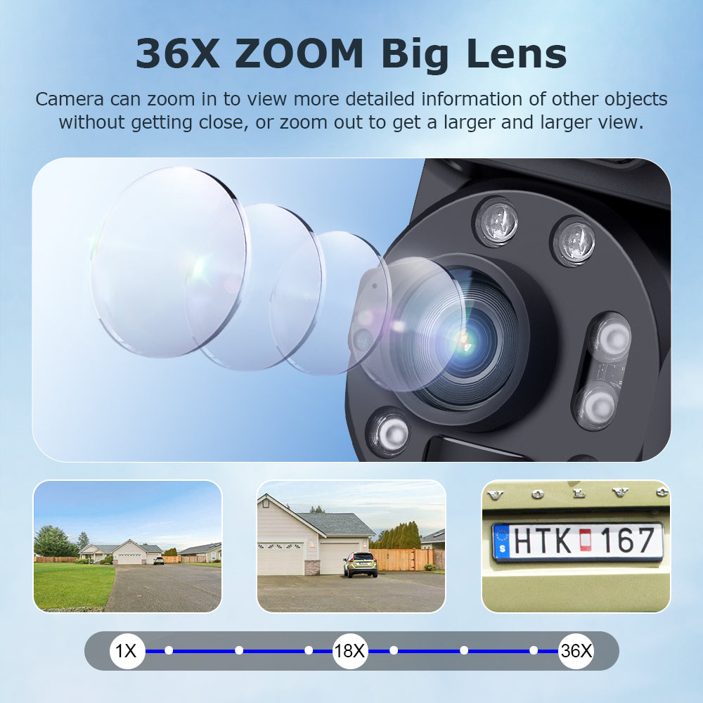 SHIWOJIA Solar Camera 4G SIM / WIFI 6MP Big 36X Zoom Dual Lens Recording Humanoid Tracking Outdoor Camera Metal Waterproof,Built-in Battery 