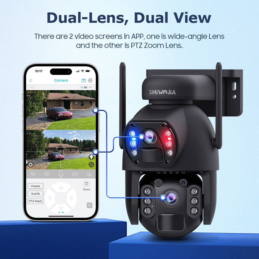 SHIWOJIA 4G SIM / WIFI Cellular Security Camera Dual-Lens,6MP Solar Camera Wireless Outdoor,Siren Alarm,Color Night Vision,Dual Screen,Built-in 12000mAh Battery 