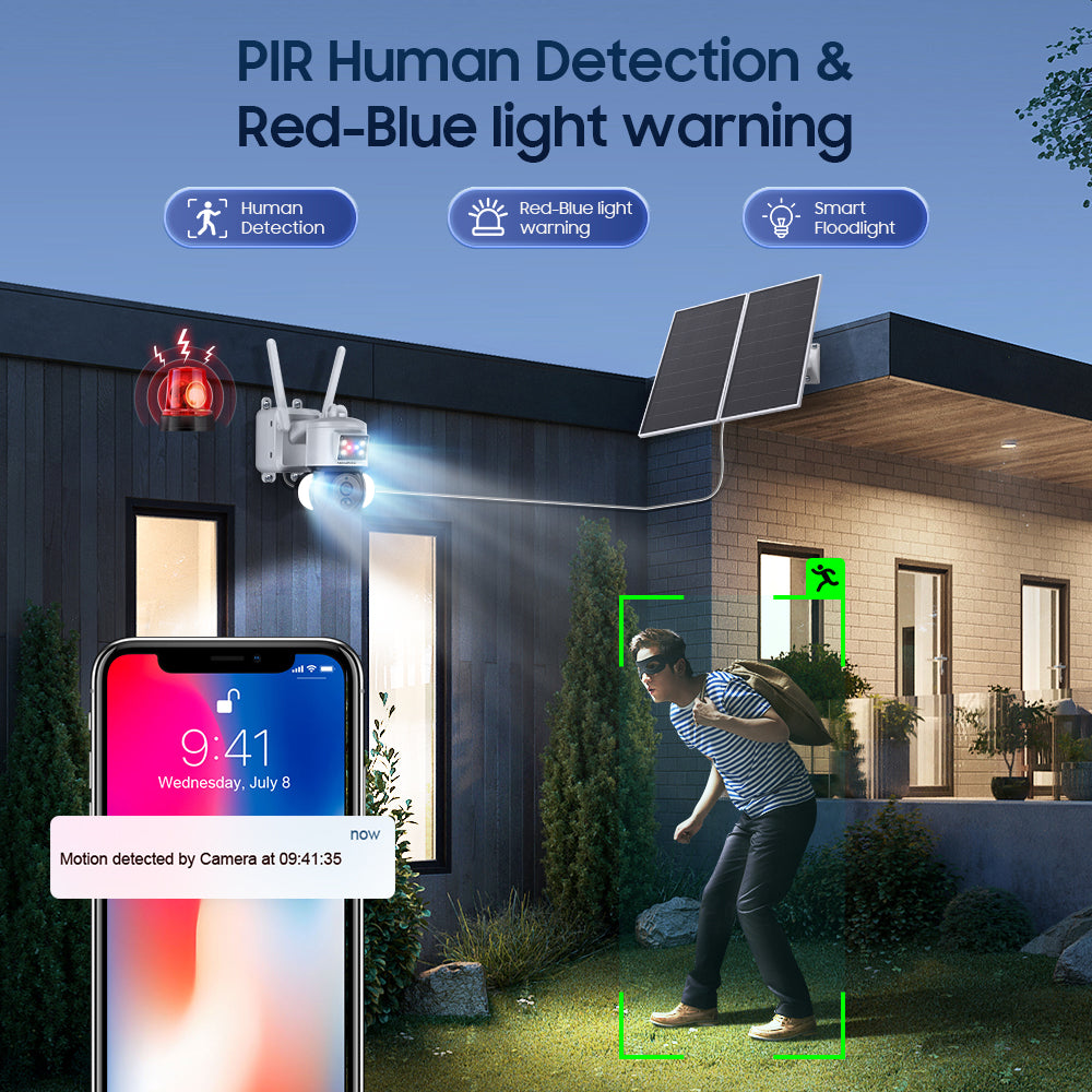 SHIWOJIA 3MP Solar Camera 4G SIM / WIFI Security Outdoor Recording Humanoid Tracking 20W Solar Battery Red Blue Alarm Floodlight PTZ Camera 