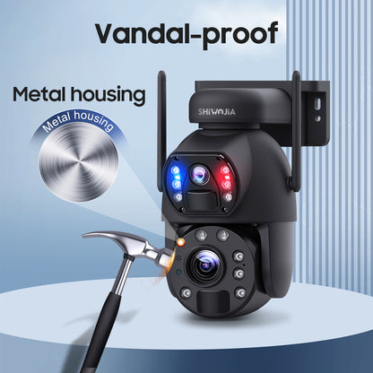 SHIWOJIA 20W Solar Battery 20X Zoom Red Blue Alarm FloodLight PTZ Camera 4G SIM / WIFI Cellular Security Camera Dual-Lens,6MP Solar Camera Wireless Outdoor,Color Night Vision,Dual Screen,Built-in Battery 