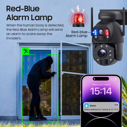 SHIWOJIA 20W Solar Battery 20X Zoom Red Blue Alarm FloodLight PTZ Camera 4G SIM / WIFI Cellular Security Camera Dual-Lens,6MP Solar Camera Wireless Outdoor,Color Night Vision,Dual Screen,Built-in Battery 