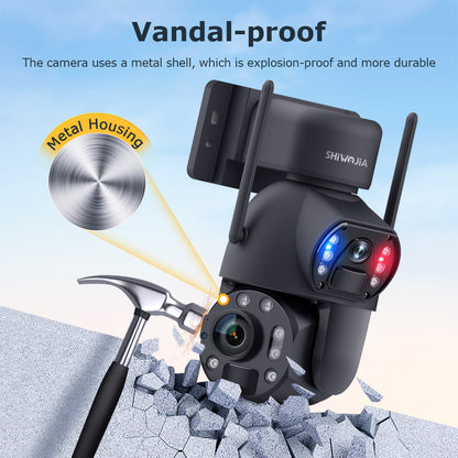 SHIWOJIA 20W Solar Battery 36X Zoom Red Blue Alarm FloodLight PTZ Camera 4G SIM / WIFI Cellular Security Camera Dual-Lens,6MP Solar Camera Wireless Outdoor,Color Night Vision,Dual Screen,Built-in Battery 