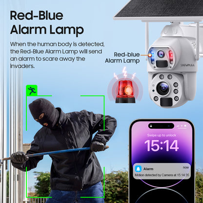 SHIWOJIA 10W Solar Panel Camera 4G SIM / WIFI 6MP 20X ZOOM Solar 20000mAh Battery Cameras 360° Outdoor Dual Lens Recording Humanoid Cam 