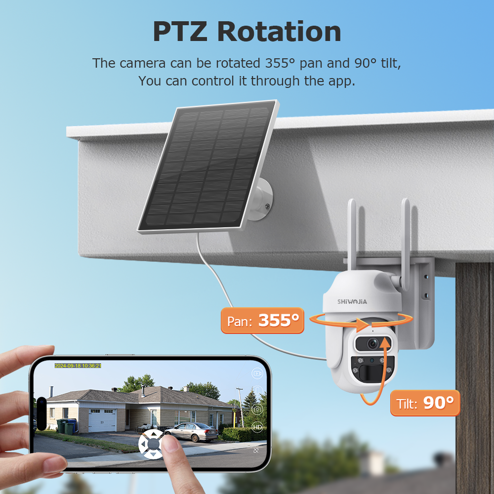 SHIWOJIA 3MP Mini Daul lens Solar Battery PTZ Camera PIR Human Detection Built-in Battery Solar Security Camera Night Vision 
