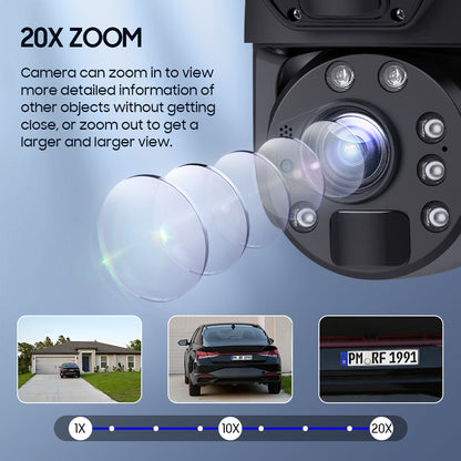 SHIWOJIA 20W Solar Battery 20X Zoom Red Blue Alarm FloodLight PTZ Camera 4G SIM / WIFI Cellular Security Camera Dual-Lens,6MP Solar Camera Wireless Outdoor,Color Night Vision,Dual Screen,Built-in Battery 