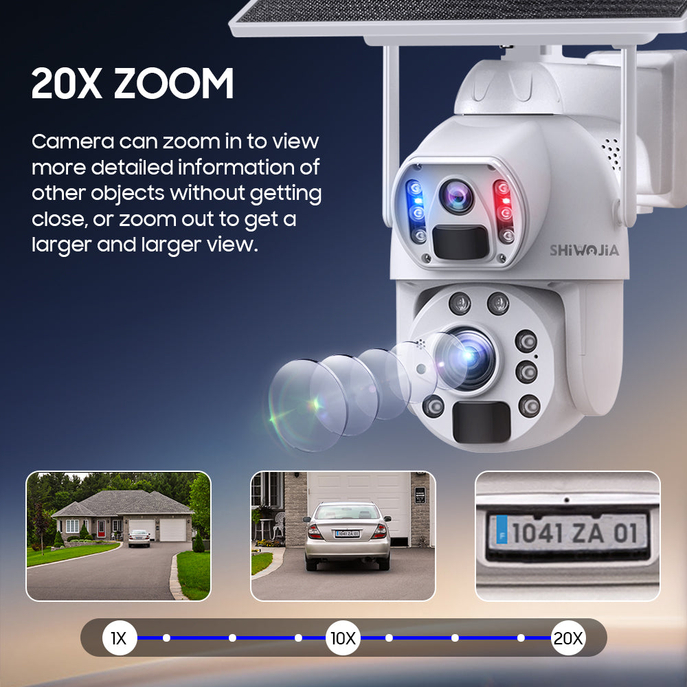 SHIWOJIA 10W Solar Panel Camera 4G SIM / WIFI 6MP 20X ZOOM Solar 20000mAh Battery Cameras 360° Outdoor Dual Lens Recording Humanoid Cam 