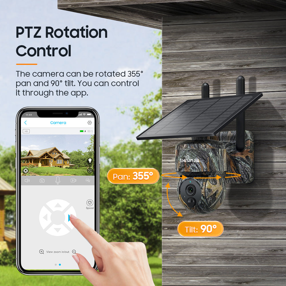 SHIWOJIA 3MP Camouflage Color Solar Battery PTZ Camera Outdoor Wifi Surveillance Effective Distance 15M Built In 7800mAh Battery 