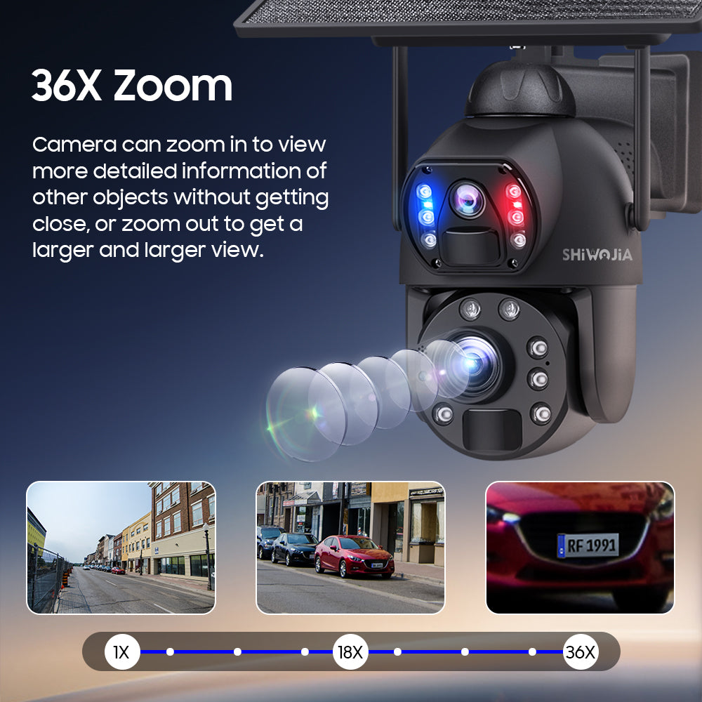 SHIWOJIA 36X Optical add Digital Zoom 4G SIM / WIFI Cellular Security Camera Dual-Lens,6MP Solar Camera Wireless Outdoor,Siren Alarm,Color Night Vision,Dual Screen,Built-in Battery