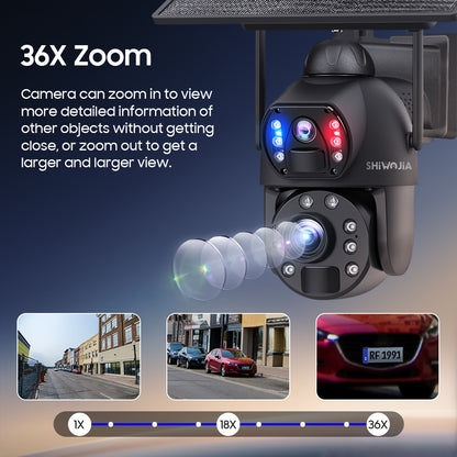 SHIWOJIA 36X Optical add Digital Zoom 4G SIM / WIFI Cellular Security Camera Dual-Lens,6MP Solar Camera Wireless Outdoor,Siren Alarm,Color Night Vision,Dual Screen,Built-in Battery