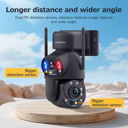 SHIWOJIA 20W Solar Battery 36X Zoom Red Blue Alarm FloodLight PTZ Camera 4G SIM / WIFI Cellular Security Camera Dual-Lens,6MP Solar Camera Wireless Outdoor,Color Night Vision,Dual Screen,Built-in Battery 