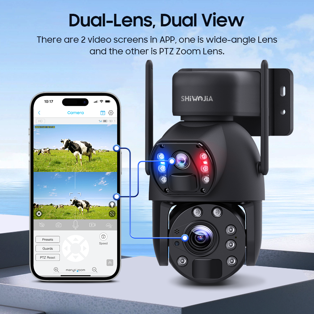 SHIWOJIA 6MP 30W Solar Battery 20x zoom Red Blue Alarm Floodlight PTZ Camera Night Vision 3 PCS Solar Board Built in 28000mAh Batteries 