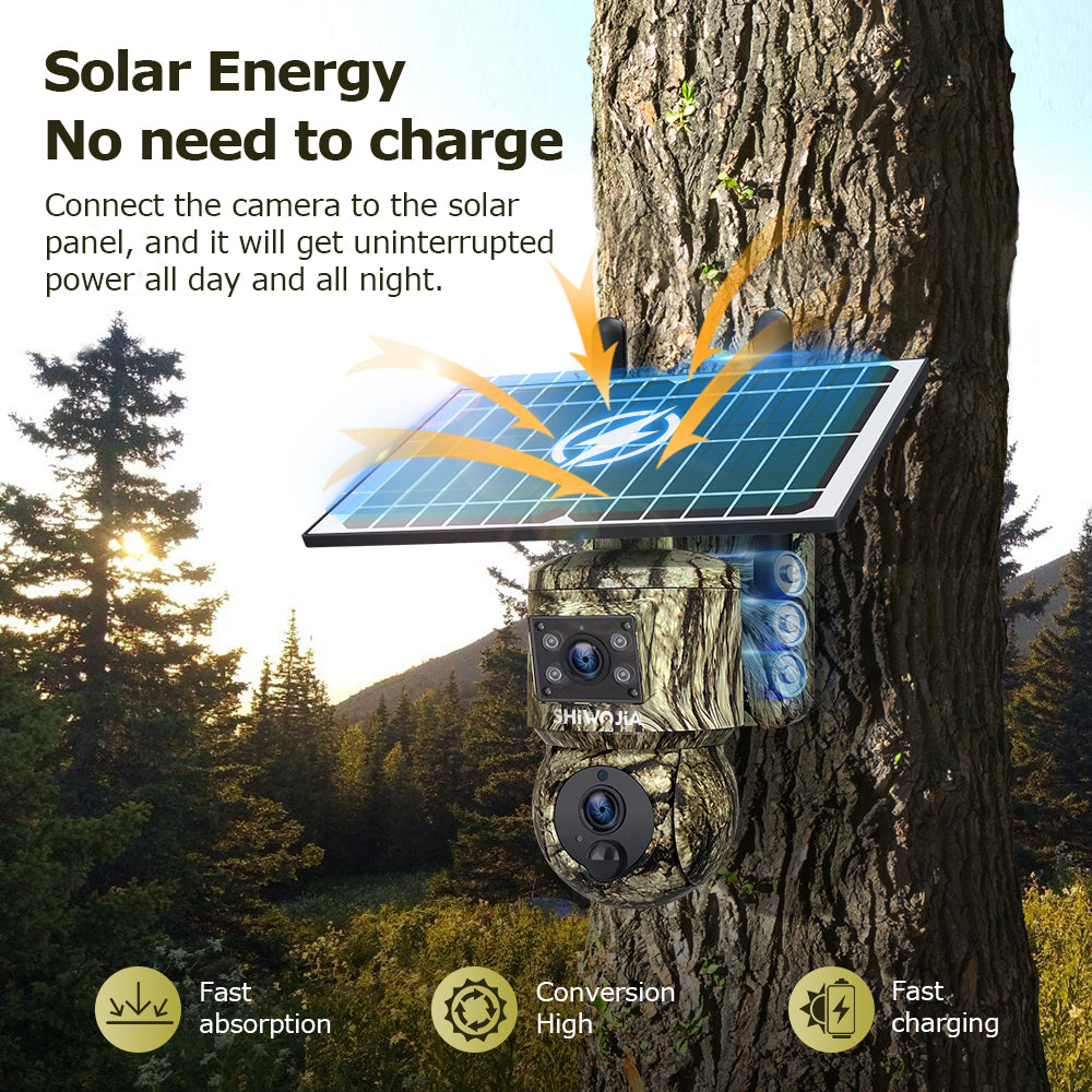 SHIWOJIA 6MP 4G With GPS Location Camouflage Color Dual Lens Solar Battery PTZ Camera Support PIR Detection Wake Built In 12000mAh Battery 