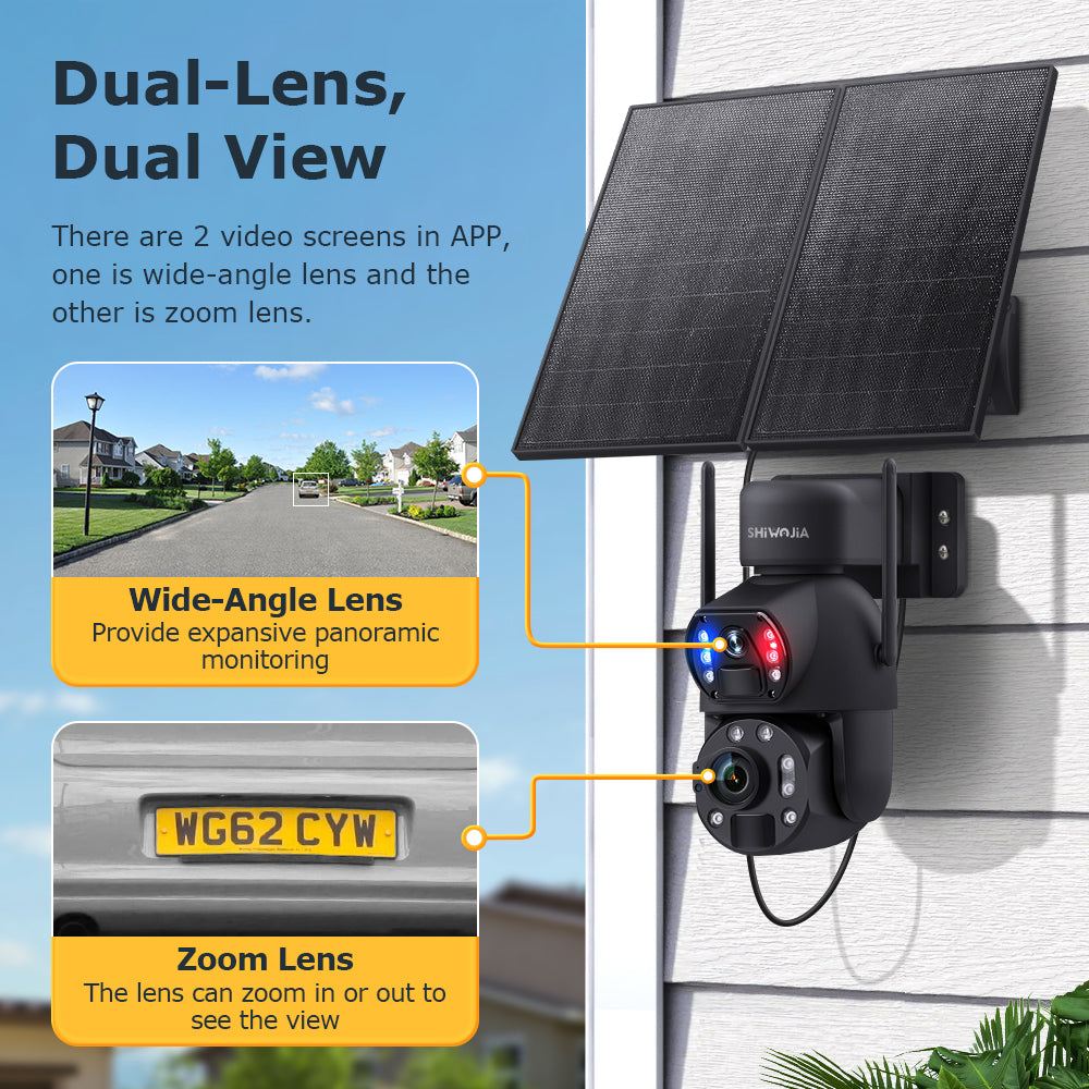 SHIWOJIA 20W Solar Battery 36X Zoom Red Blue Alarm FloodLight PTZ Camera 4G SIM / WIFI Cellular Security Camera Dual-Lens,6MP Solar Camera Wireless Outdoor,Color Night Vision,Dual Screen,Built-in Battery 