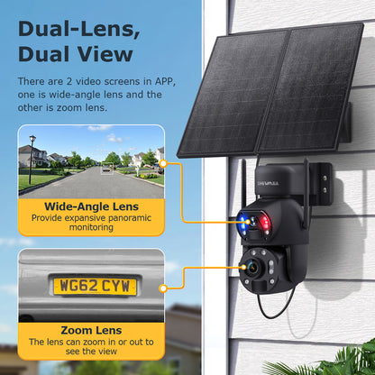 SHIWOJIA 20W Solar Battery 36X Zoom Red Blue Alarm FloodLight PTZ Camera 4G SIM / WIFI Cellular Security Camera Dual-Lens,6MP Solar Camera Wireless Outdoor,Color Night Vision,Dual Screen,Built-in Battery 