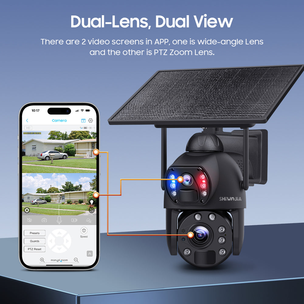 SHIWOJIA 36X Optical add Digital Zoom 4G SIM / WIFI Cellular Security Camera Dual-Lens,6MP Solar Camera Wireless Outdoor,Siren Alarm,Color Night Vision,Dual Screen,Built-in Battery