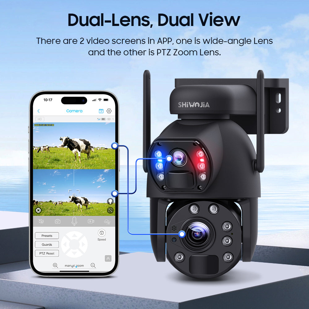 SHIWOJIA 20W Solar Battery 20X Zoom Red Blue Alarm FloodLight PTZ Camera 4G SIM / WIFI Cellular Security Camera Dual-Lens,6MP Solar Camera Wireless Outdoor,Color Night Vision,Dual Screen,Built-in Battery 