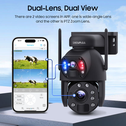SHIWOJIA 20W Solar Battery 20X Zoom Red Blue Alarm FloodLight PTZ Camera 4G SIM / WIFI Cellular Security Camera Dual-Lens,6MP Solar Camera Wireless Outdoor,Color Night Vision,Dual Screen,Built-in Battery 