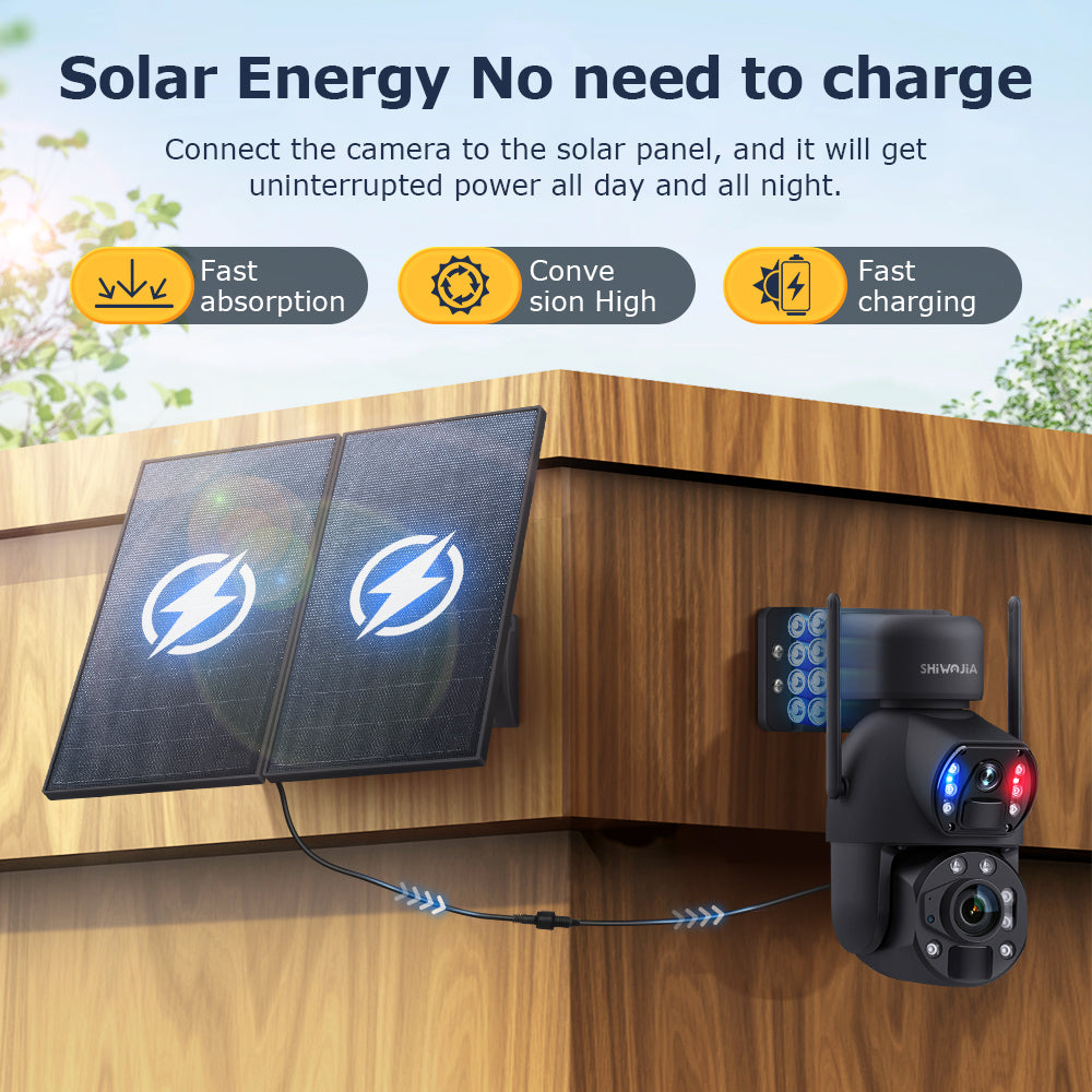 SHIWOJIA 20W Solar Battery 36X Zoom Red Blue Alarm FloodLight PTZ Camera 4G SIM / WIFI Cellular Security Camera Dual-Lens,6MP Solar Camera Wireless Outdoor,Color Night Vision,Dual Screen,Built-in Battery 