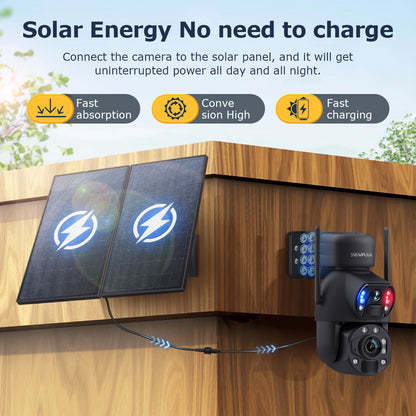 SHIWOJIA 20W Solar Battery 36X Zoom Red Blue Alarm FloodLight PTZ Camera 4G SIM / WIFI Cellular Security Camera Dual-Lens,6MP Solar Camera Wireless Outdoor,Color Night Vision,Dual Screen,Built-in Battery 