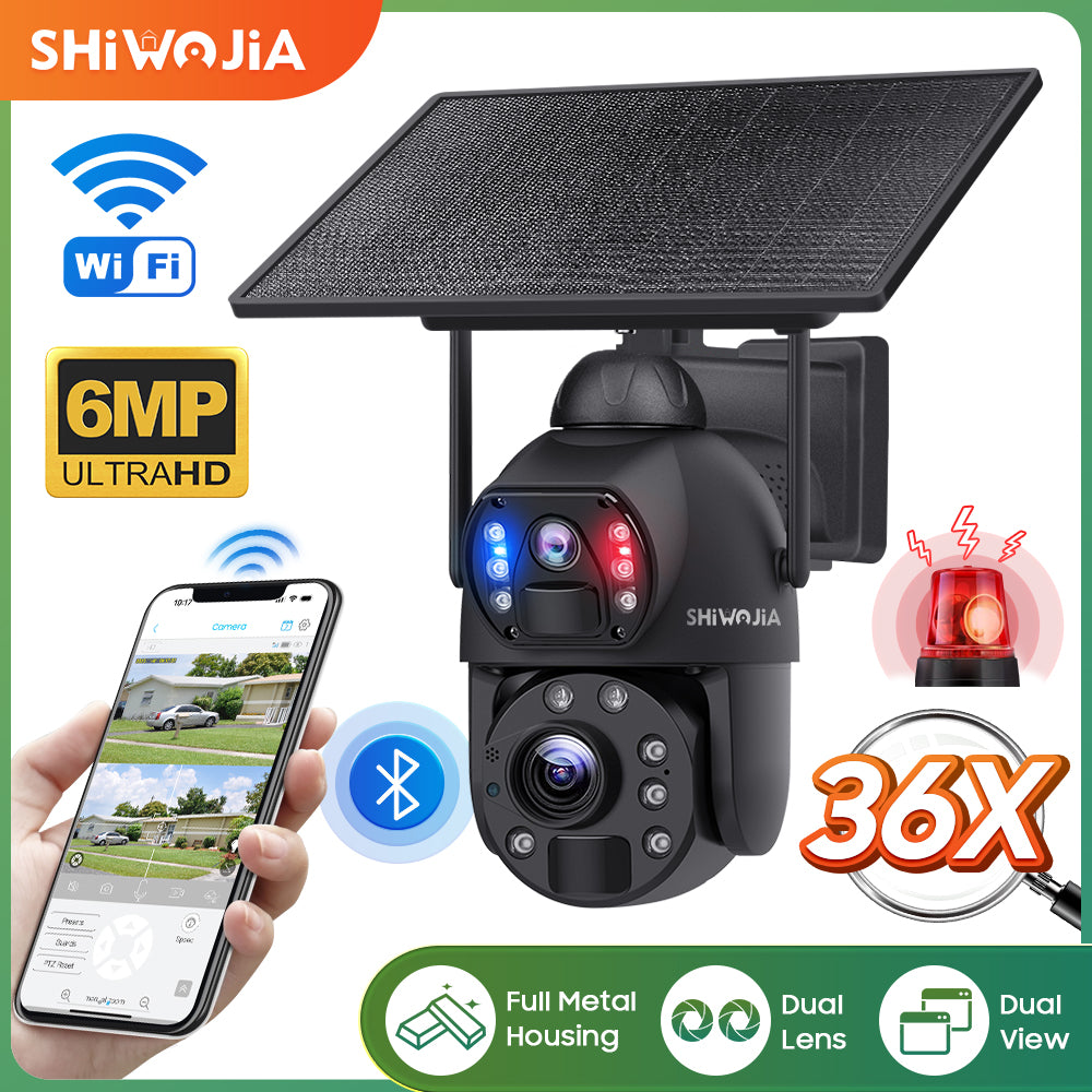 SHIWOJIA 36X Optical add Digital Zoom 4G SIM / WIFI Cellular Security Camera Dual-Lens,6MP Solar Camera Wireless Outdoor,Siren Alarm,Color Night Vision,Dual Screen,Built-in Battery