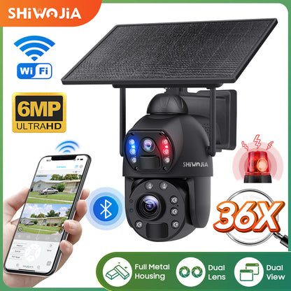SHIWOJIA 36X Optical add Digital Zoom 4G SIM / WIFI Cellular Security Camera Dual-Lens,6MP Solar Camera Wireless Outdoor,Siren Alarm,Color Night Vision,Dual Screen,Built-in Battery