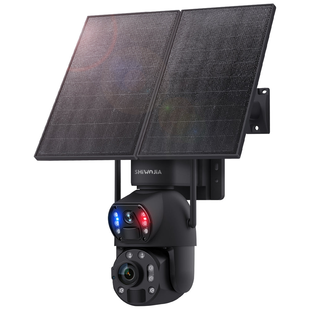 SHIWOJIA 20W Solar Battery 36X Zoom Red Blue Alarm FloodLight PTZ Camera 4G SIM / WIFI Cellular Security Camera Dual-Lens,6MP Solar Camera Wireless Outdoor,Color Night Vision,Dual Screen,Built-in Battery 