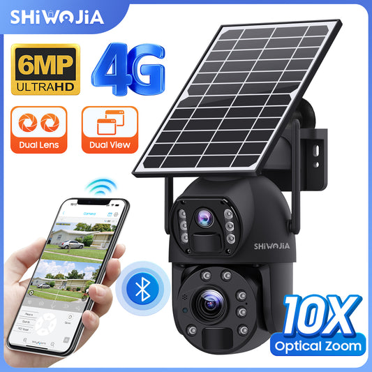 SHIWOJIA 10X Optical Zoom 4G SIM / WIFI Cellular Security Camera Dual-Lens,Dual View 6MP Solar Camera Wireless Outdoor,Siren Alarm,Color Night Vision,Dual Screen. Built-in Battery 