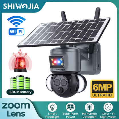 SHIWOJIA 4G SIM / WIFI 12X ZOOM Red/Blue alarm Floodlight Solar Battery PTZ Camera 6MP HD Wireless Security CCTV Including 12000mAh Battery 