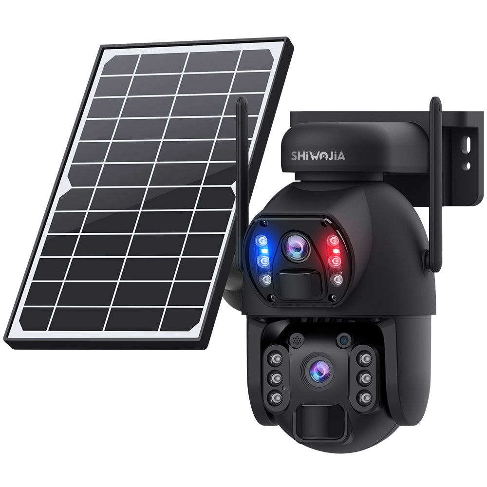SHIWOJIA 4G SIM / WIFI Cellular Security Camera Dual-Lens,6MP Solar Camera Wireless Outdoor,Siren Alarm,Color Night Vision,Dual Screen,Built-in 12000mAh Battery 