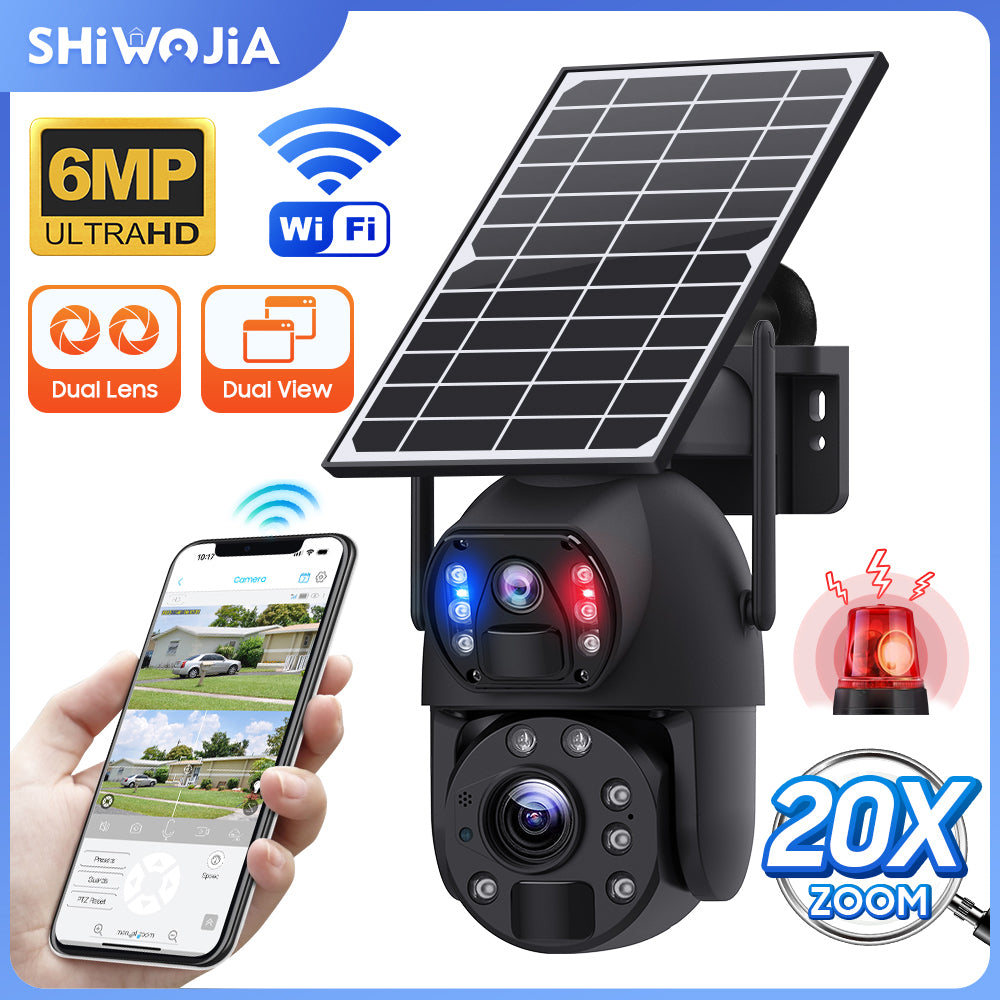 SHIWOJIA 6MP Big 20X Zoom Lens Dual View Solar Battery PTZ Camera Outdoor Wifi Surveillance Camera 