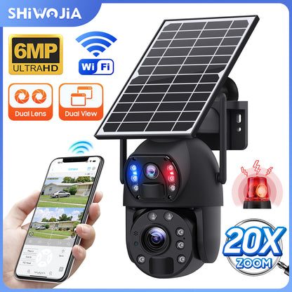SHIWOJIA 6MP Big 20X Zoom Lens Dual View Solar Battery PTZ Camera Outdoor Wifi Surveillance Camera 