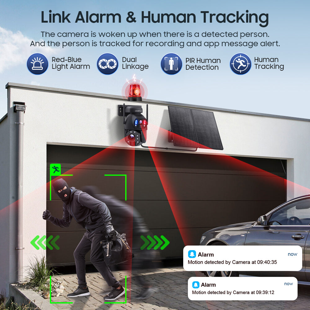 SHIWOJIA 20W Solar Battery 20X Zoom Red Blue Alarm FloodLight PTZ Camera 4G SIM / WIFI Cellular Security Camera Dual-Lens,6MP Solar Camera Wireless Outdoor,Color Night Vision,Dual Screen,Built-in Battery 