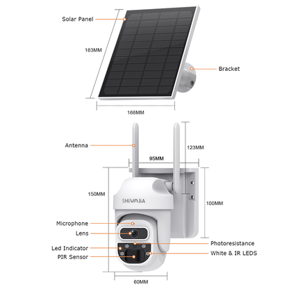 SHIWOJIA 3MP Mini Daul lens Solar Battery PTZ Camera PIR Human Detection Built-in Battery Solar Security Camera Night Vision 