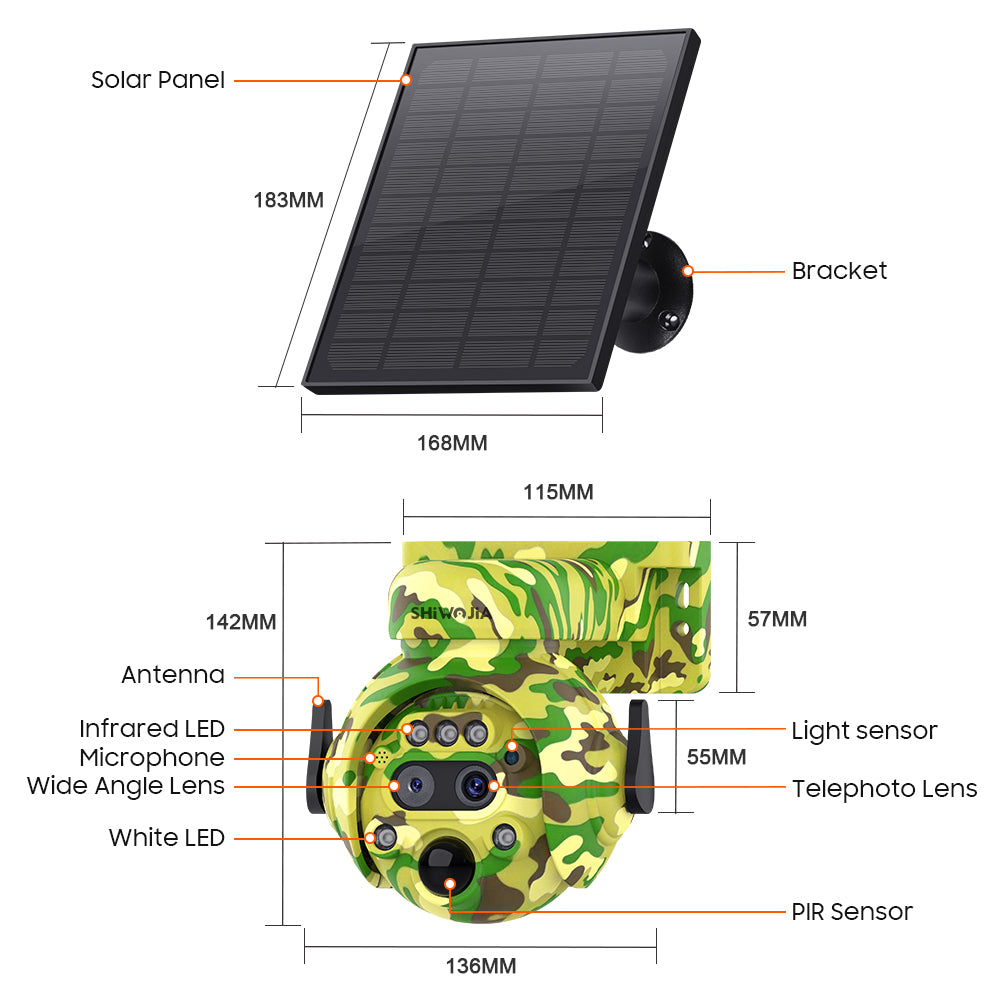 SHIWOJIA 6MP Solar Camera 4G SIM / WIFI Security Outdoor Camouflage Color 12X Zoom Solar Battery PTZ Camera 