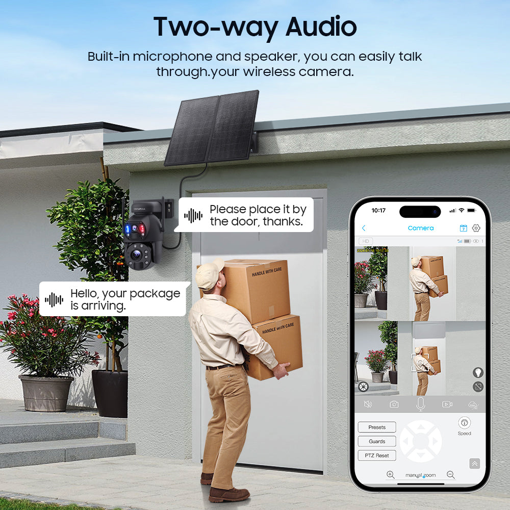 SHIWOJIA 20W Solar Battery 20X Zoom Red Blue Alarm FloodLight PTZ Camera 4G SIM / WIFI Cellular Security Camera Dual-Lens,6MP Solar Camera Wireless Outdoor,Color Night Vision,Dual Screen,Built-in Battery 