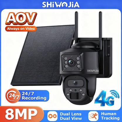 SHIWOJIA PT 8MP AOV 4G Solar Camera 360° PTZ Outdoor Security Camera 4G LTE Wifi Network 7800 Battery Auto Tracking IP Camera