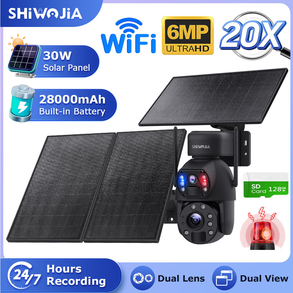 SHIWOJIA 6MP 30W Solar Battery 20x zoom Red Blue Alarm Floodlight PTZ Camera Night Vision 3 PCS Solar Board Built in 28000mAh Batteries 
