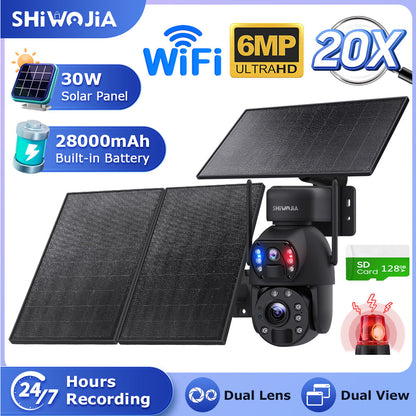 SHIWOJIA 6MP 30W Solar Battery 20x zoom Red Blue Alarm Floodlight PTZ Camera Night Vision 3 PCS Solar Board Built in 28000mAh Batteries 