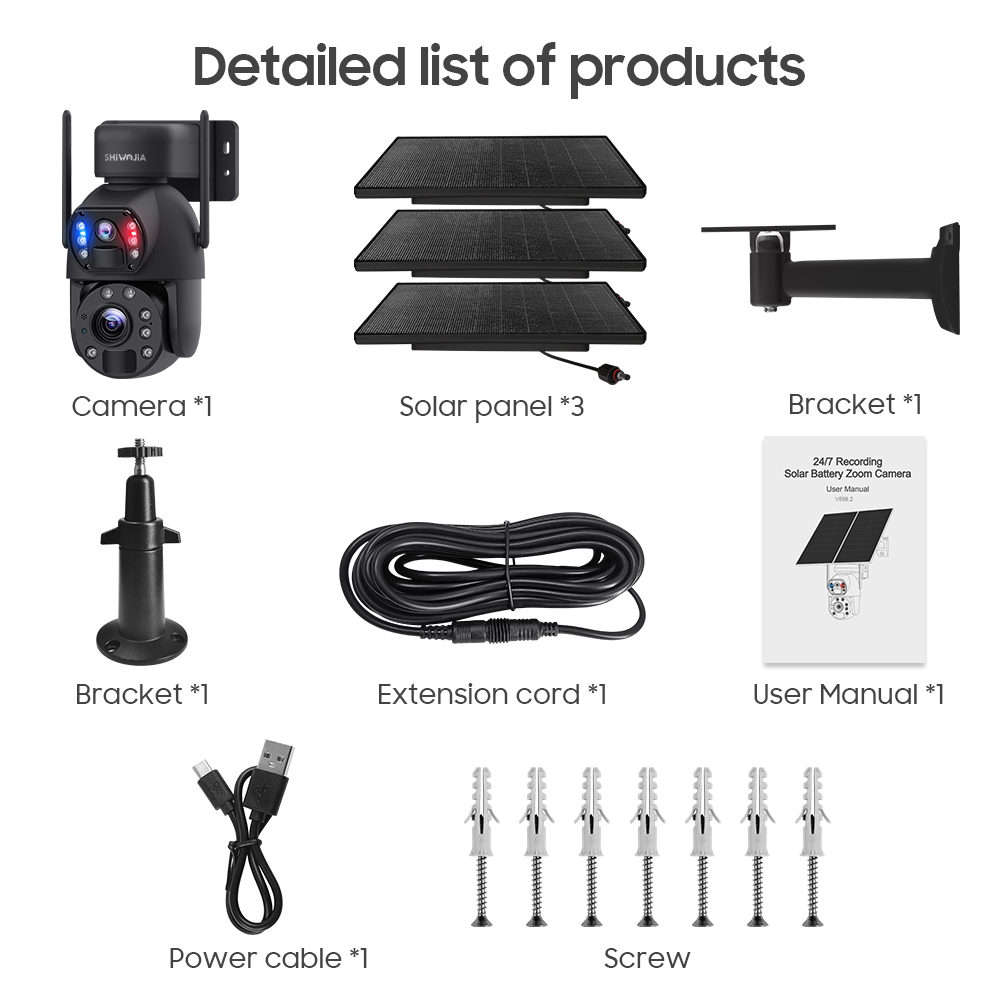 SHIWOJIA 6MP 30W Solar Battery 20x zoom Red Blue Alarm Floodlight PTZ Camera Night Vision 3 PCS Solar Board Built in 28000mAh Batteries 