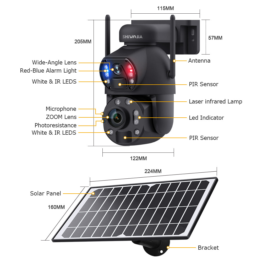 SHIWOJIA Solar Camera 4G SIM / WIFI 6MP Big 36X Zoom Dual Lens Recording Humanoid Tracking Outdoor Camera Metal Waterproof,Built-in Battery 